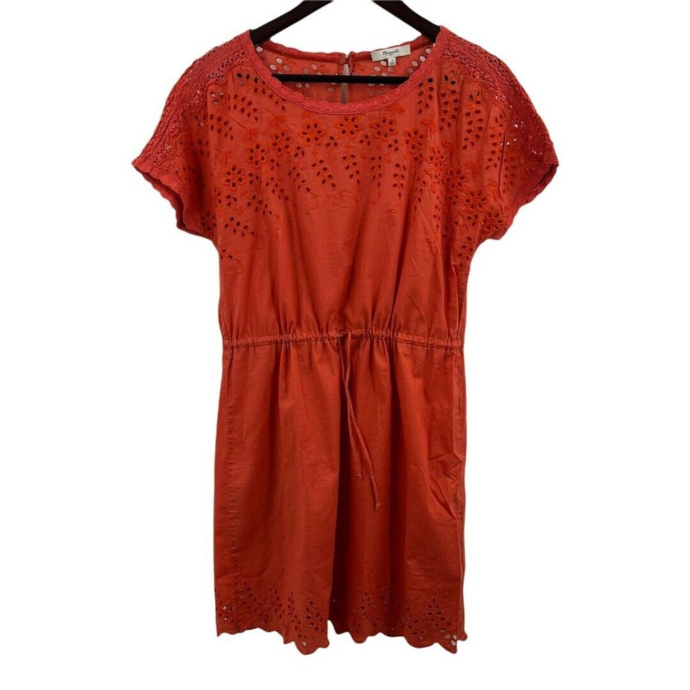 Madewell Coral Floral Eyelet Embroidered Tie Waist Dress Size 4